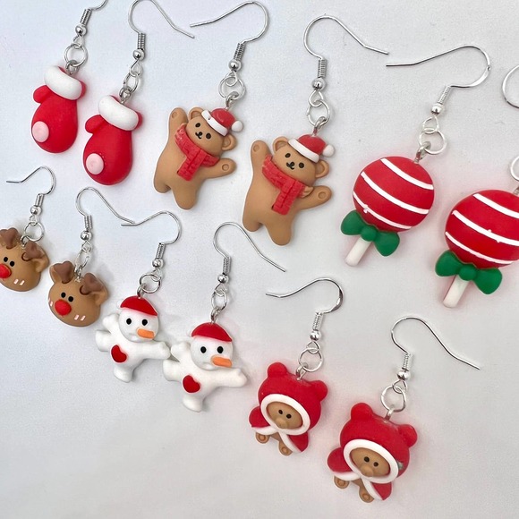 Christmas Earrings - Christmas Mittens, Teddy Bear, Lollipop, Reindeer, Snow Men - Picture 4 of 10